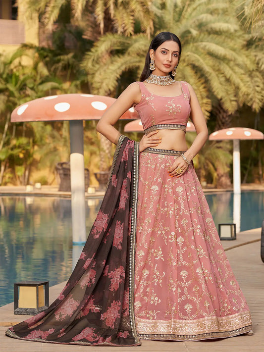 Georgette Embroidered Semi Stitched Lehenga With Unstitched Blouse