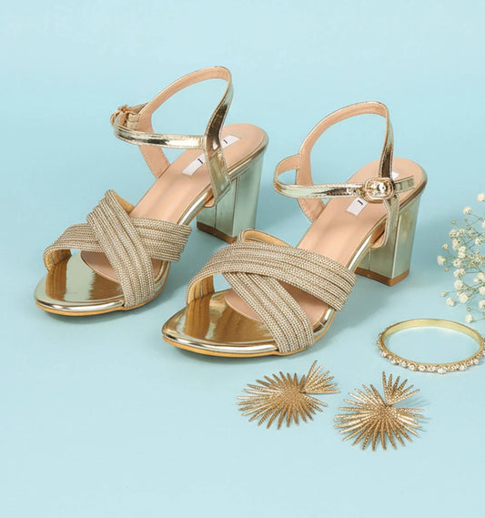Women Gold Shimmering Block Sandals Heels
