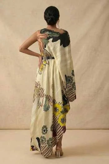 Cotton Satin Asymmetric Sand Bloom Dress With Belt