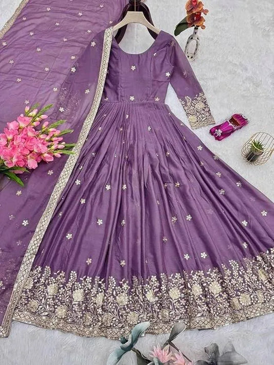 Georgette Silk Gown with Dupatta Long Dress, Latest Silk Long Anarkali Gown Set