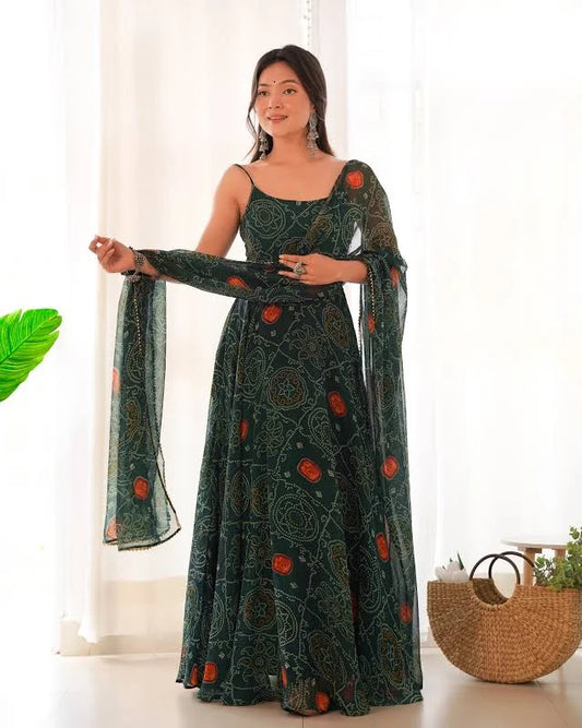 Chiffon Bandhej Printed Stitched Anarkali Pant Suit