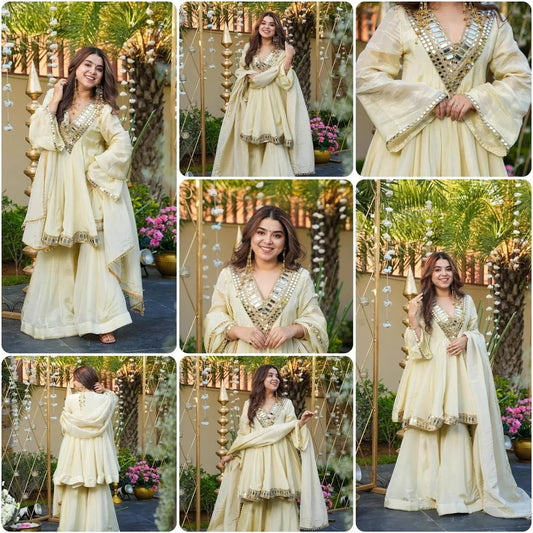 Embroidered Anarkali Kurta Sharara Set Dupatta Cream Ethnic Party Suit Mirror Work V-Neck Flared Sleeves