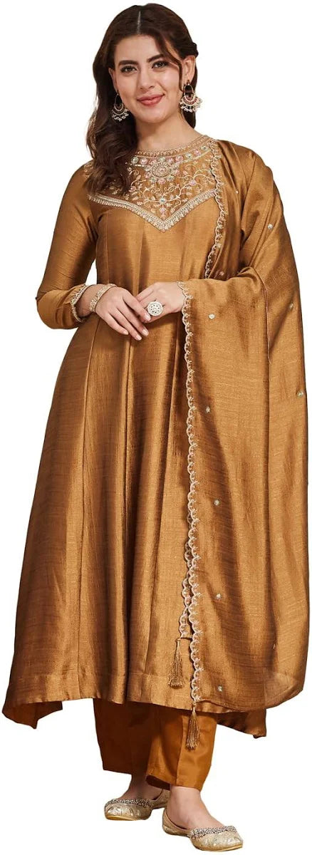 Embroidered Silk Anarkali Kurta Pant with Dupatta / XL