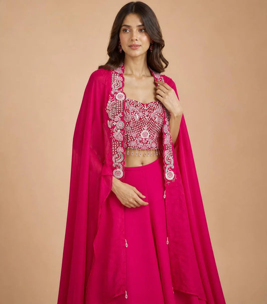Georgette Lehenga Set with Heavy Mirror & Thread Embroidered