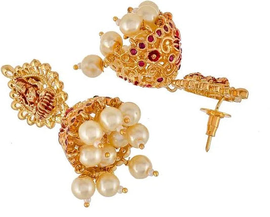 Gold Plated Red & Green Stone Studded Laxmi Temple Jewelry Set