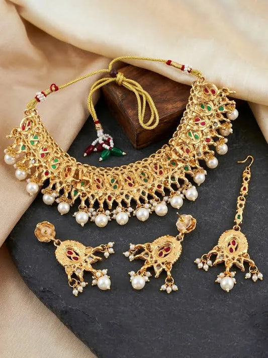 Gold-Plated Ruby & Green Color Choker Set