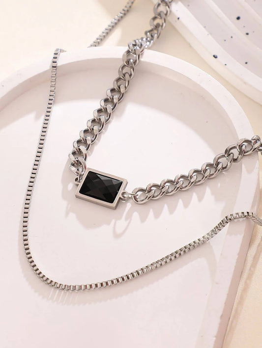 Men Silver-Plated Artificial Stones Studded Multi-Layer Minimal Chain