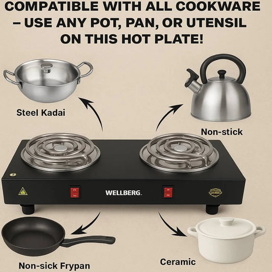 Electric Double Burner Stove 2000W Dual Heating Plate with Rocker Switch & Light Indicator