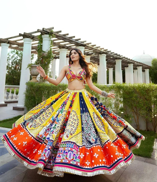 Peacock Printed Mirror Work Navratri Lehenga Choli