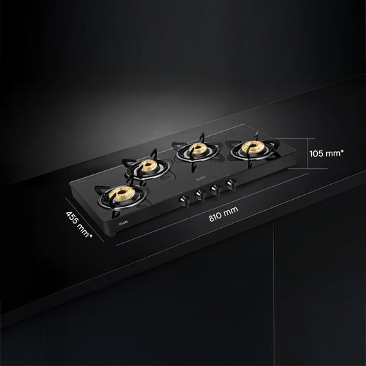 Glen 4 Burner LPG Gas Stove Toughened Glass Top | 1 Jumbo Brass Burner | Extra Wide Design | Manual Ignition | 360° Revolving Inlet Nozzle | Black | 2 Years Warranty | 1044GTXL