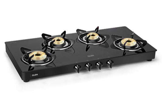 Glen 4 Burner LPG Gas Stove Toughened Glass Top | 1 Jumbo Brass Burner | Extra Wide Design | Manual Ignition | 360° Revolving Inlet Nozzle | Black | 2 Years Warranty | 1044GTXL