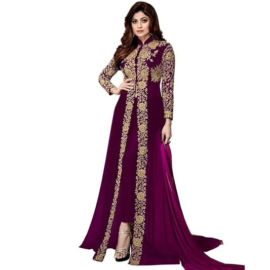 Wine Embroidered Georgette Semi-Stitched Anarkali Gown