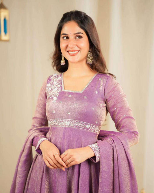 Silk Embroidered Anarkali Kurti Gown & Dupatta Set