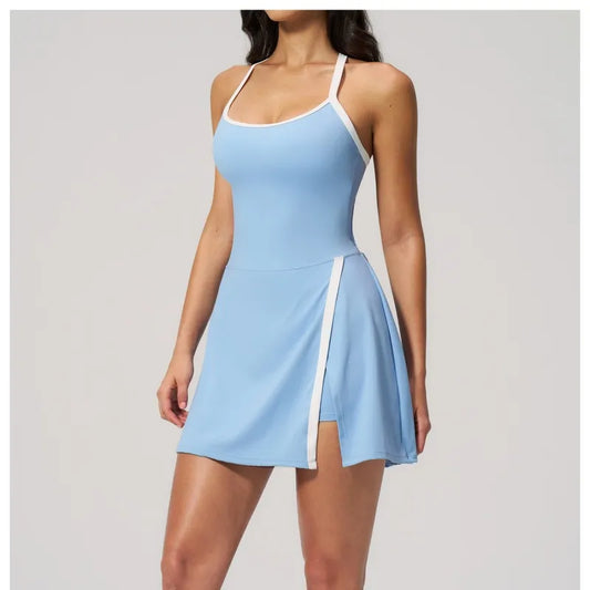 Ladies Striped Tennis Skirt Yoga Dress, Padded Chest Quick Dry Sleeveless Summer Gym Workout Sportswear