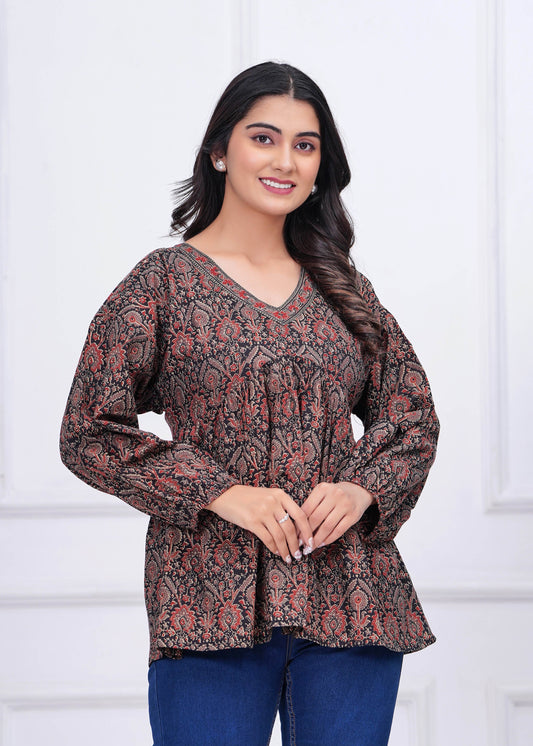 Black Ethnic Printed Peplum Top
