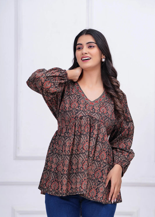 Black Ethnic Printed Peplum Top