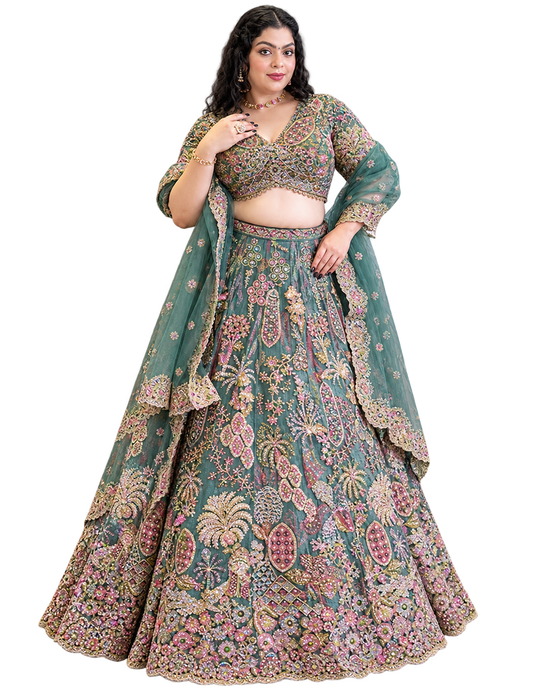 Bridal Lehenga Set with Intricate Multi-Thread Embroidery & Net Dupatta