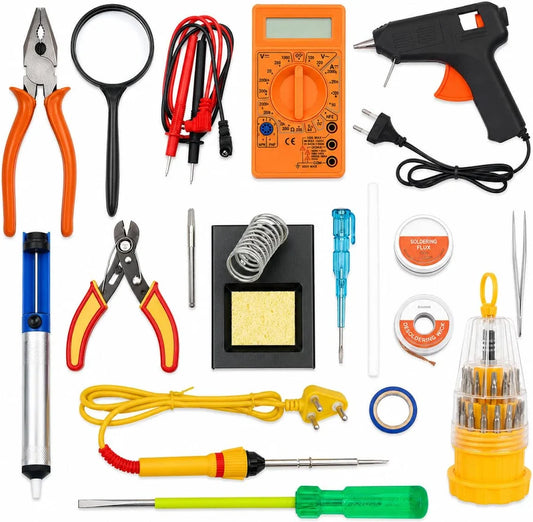 Complete Electronics Repair Tool Kit with Digital Multimeter, Soldering Iron, Hot Glue Gun, Desoldering Pump, Wire Cutter, Screwdriver Set,