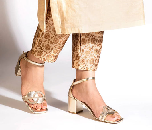 Gold Glitter Sandals in Block Heels for Women
