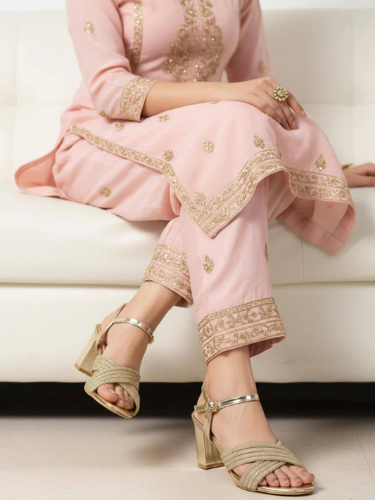Women Gold Shimmering Block Sandals Heels