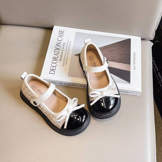 Girls’ Chanel-Style Leather Shoes – Bow Princess Soft Sole Flats