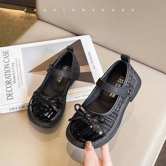 Girls’ Chanel-Style Leather Shoes – Bow Princess Soft Sole Flats