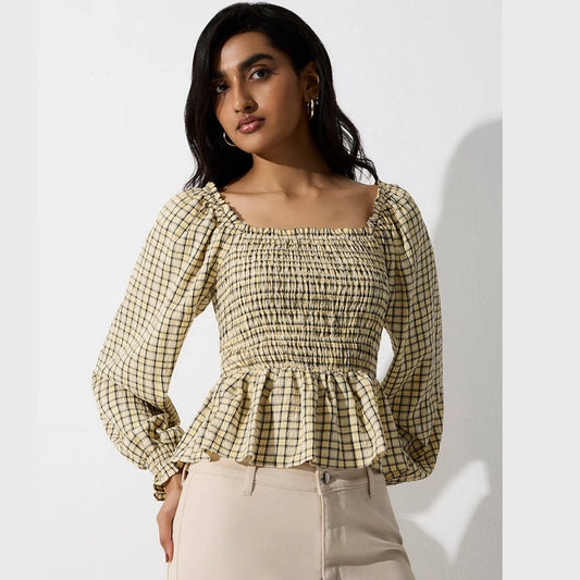 Westside LOV Yellow Checkered Smocked Peplum Top