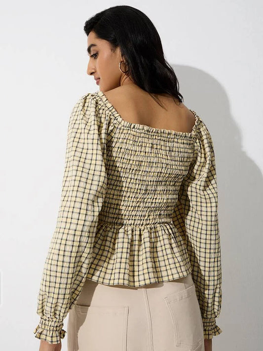 Westside LOV Yellow Checkered Smocked Peplum Top