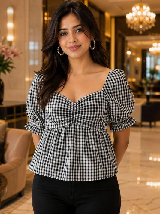 Checked Puff Sleeve Cotton Peplum Top