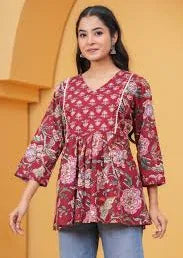 Red Floral Printed Cotton A-Line Top