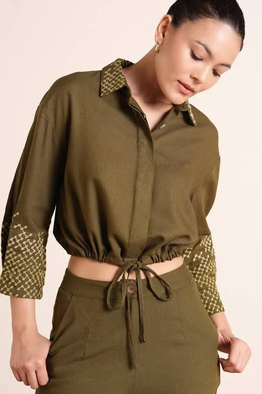 Embroidered Drawstring Crop Top