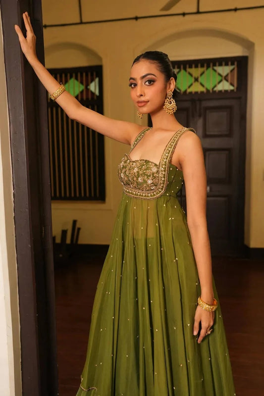 Wedding & Party Wear Mint Mehendi Green Anarkali With Sharara Set