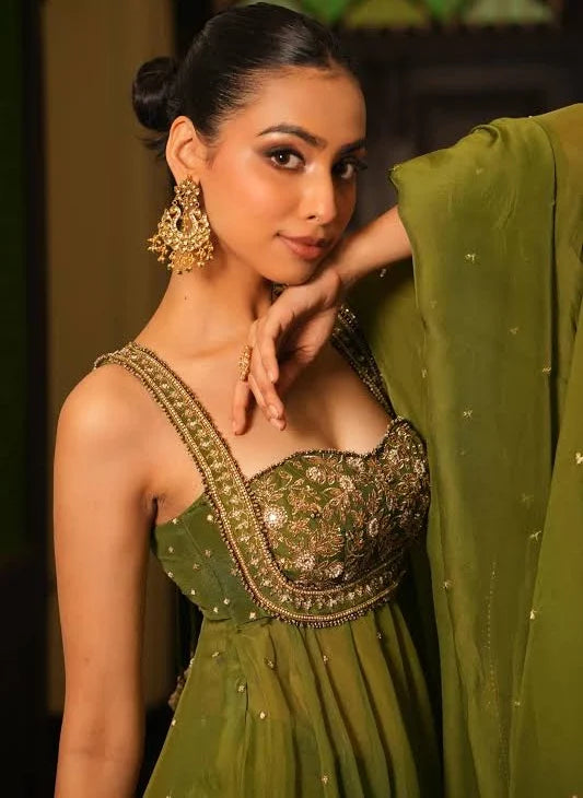 Wedding & Party Wear Mint Mehendi Green Anarkali With Sharara Set