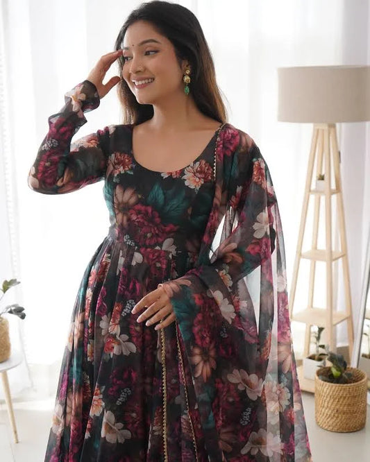 Partywear Anarkali Gown with Duppatta and Bottom