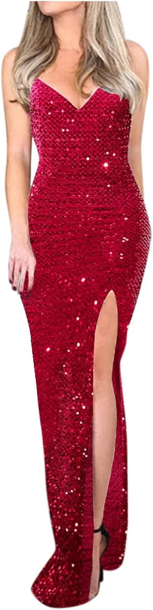 Deep V Sleeveless Slit Dresses Ladies Banquet Party Slim Floor Length Dress