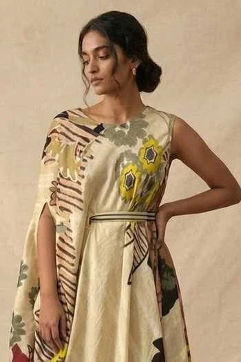 Cotton Satin Asymmetric Sand Bloom Dress With Belt