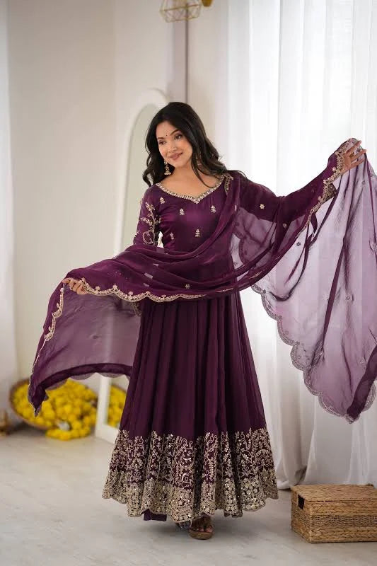 Silk Embroidered Anarkali Gown Set with Dupatta