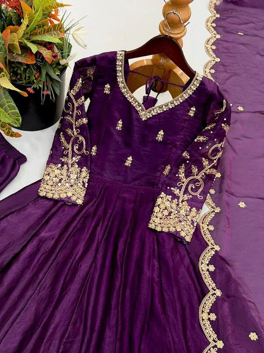 Silk Embroidered Anarkali Gown Set with Dupatta