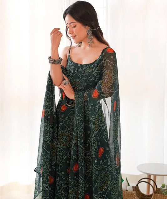Chiffon Bandhej Printed Stitched Anarkali Pant Suit