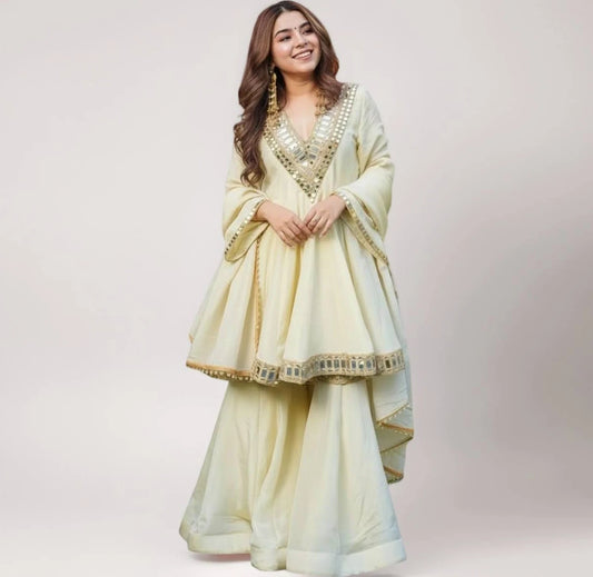 Embroidered Anarkali Kurta Sharara Set Dupatta Cream Ethnic Party Suit Mirror Work V-Neck Flared Sleeves
