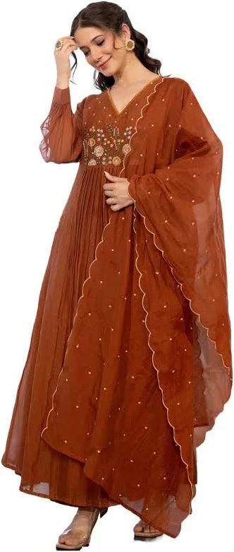 Embroidery Solid Anarkali Kurta and Pant Set with Dupatta
