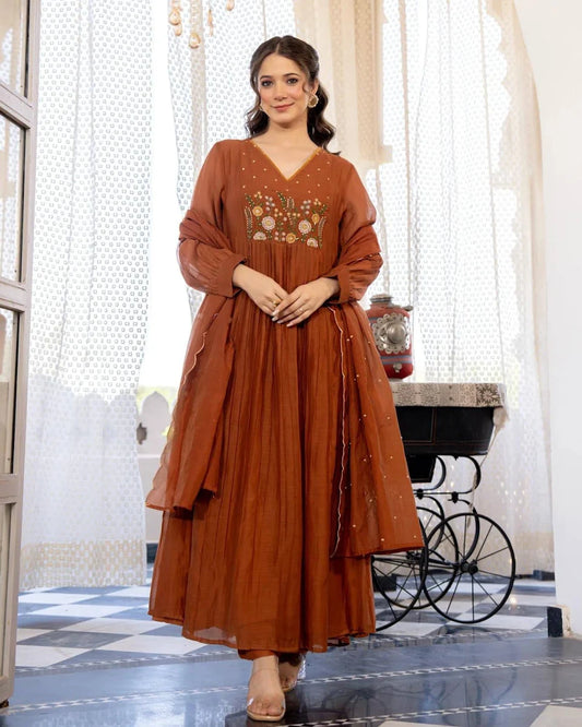 Embroidery Solid Anarkali Kurta and Pant Set with Dupatta