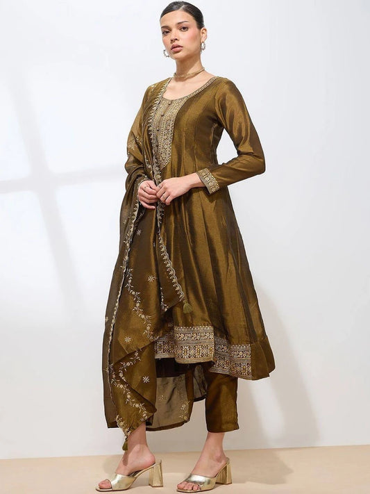 Embroidered Panelled Thread Work Kurta with Trousers & With Dupatta
