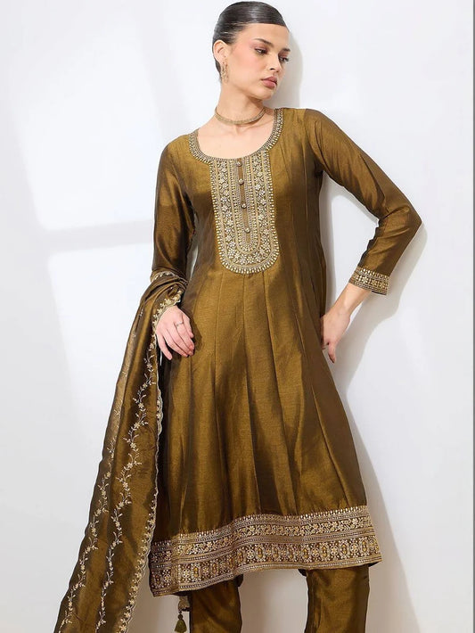 Embroidered Panelled Thread Work Kurta with Trousers & With Dupatta