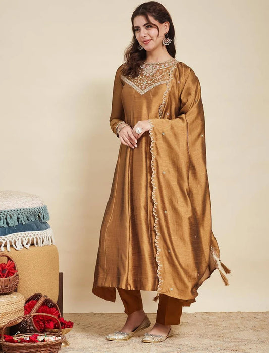 Embroidered Silk Anarkali Kurta Pant with Dupatta / XL
