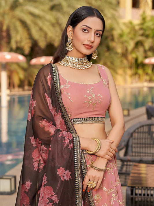 Georgette Embroidered Semi Stitched Lehenga With Unstitched Blouse