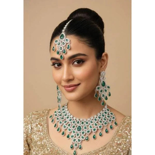 Gold Plated Green Stone Studded Jewelry Set