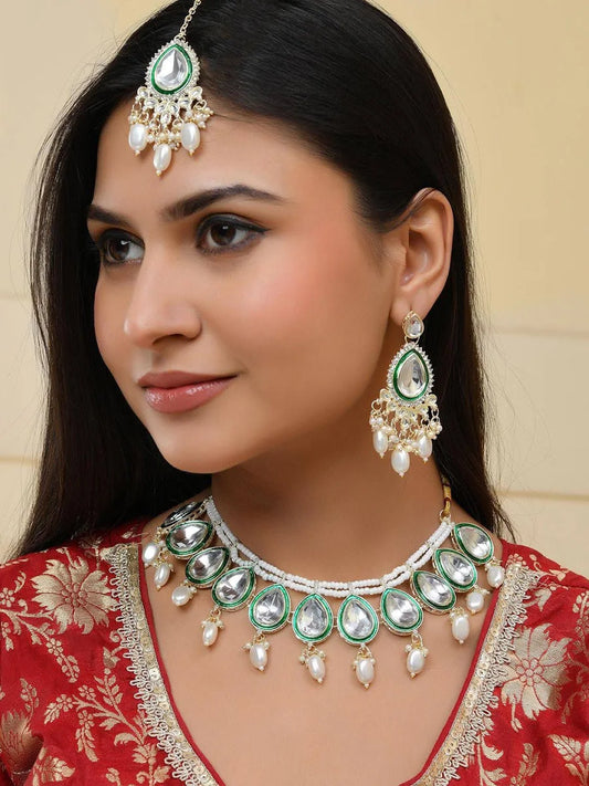 Gold Plated Kundan Stone Studded & Beaded Jewelry Set