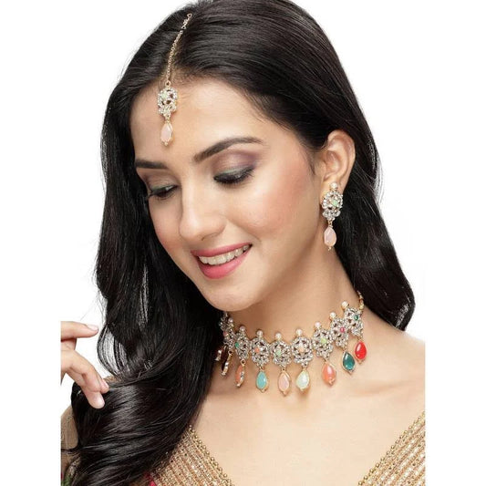 Gold Plated Multi Beads Choker Necklace with Earring Maangtika
