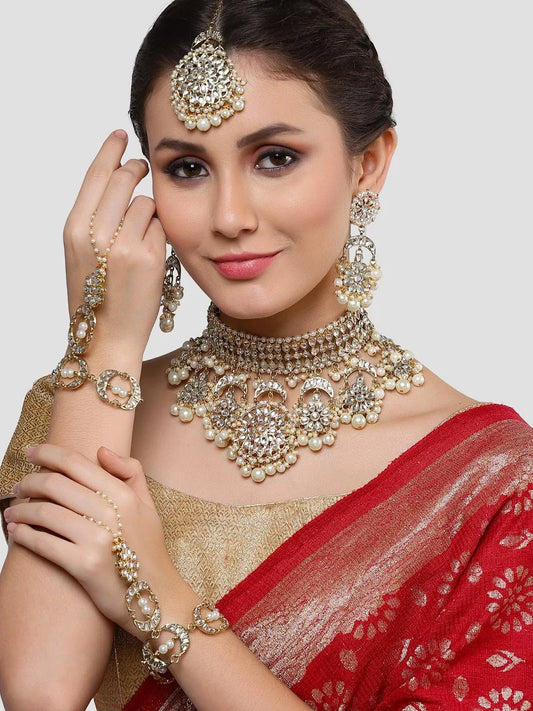 Gold Plated Floral Pearl and Kundan Bridal Choker Necklace Set